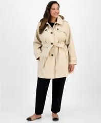 ロンドンフォグ レディース アウター ジャケット・ブルゾン プラスサイズ コート London Fog Plus Size Hooded Belted Raincoat Stone ストーンのサムネイル