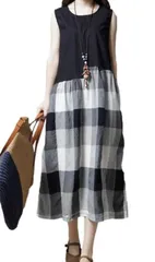 【数量限定】【1/2style】レディース ワンピース ノースリーブ 綿 ギンガムチェック Aライン ロング丈 体型カバー ゆったり 夏服