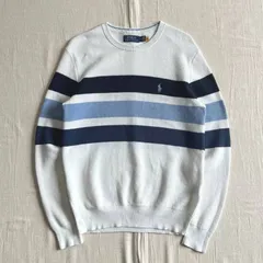 希少　archive　POLO RALPH LAUREN　ポロラルフローレン　薄手コットン生地　春ニット　セーター　ホワイト　濃淡ブルー太ボーダー柄　ポニーロゴ刺繍　アメカジ　C-BOY　XS　LS STRIPE CN-LONG SLEEVE-PULLOVER