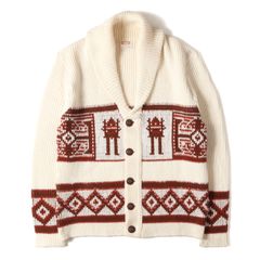 U.S.VINTAGE カーディガン オフホワイト 白 サイズ:L | 70s 柄デザイン ショールカラー ボタン ニット カーディガン | DRUMMOND ドラモンド | 70年代 古着 ヴィンテージ | トップス セーター【メンズ】【中古】