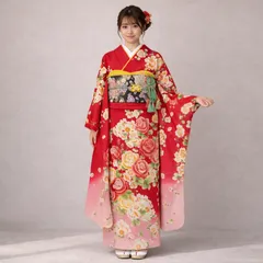 11振袖 成人式 赤 ピンク 薔薇 花柄 振袖6点セット フルセット 可愛い振袖 前撮り 和装 フォト撮影 中古振袖 Mサイズ