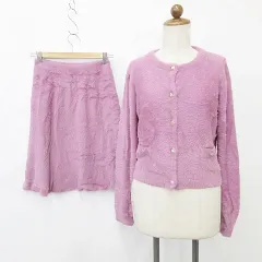 ミッシュマッシュ MISCH MASCH セットアップ カーディガン スカート 長袖 丸首 ひざ丈 フレア シャギー ピンク F