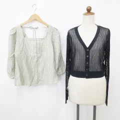 グレイル GRL ジーユー GU カーディガン ブラウス 2枚セット 長袖 七分袖 Vネック スクエアネック 透かし編み リボン チェック柄 紺 緑 ネイビー グリーン F S