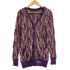 90's〜 COOGI クージー 3Dニット ロングカーディガン ロゴ刺繍 フロントボタン 紫 パープル×多色 カラフル XLサイズ No.P072のサムネイル