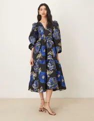シスタージュン レディース トップス ワンピース ミディワンピース フラワー柄 ミディ フラワー Sister Jane Blues midi dress with blue floral jacquard BLUE ブルー