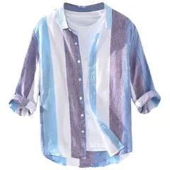 ストライプシャツ 襟付き ボタンダウン ストリート系 七分袖 オシャレ トップス メンズ