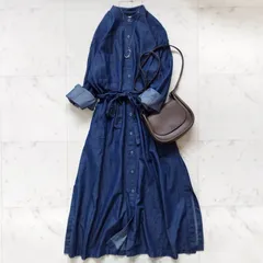 【グリーンレーベルリラクシング】バンドカラーシャツワンピース ブルー シャンブレー リボンベルト