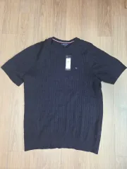 トミーヒルフィガー ケーブル 半袖 ニット ネイビー色 SIZE:L