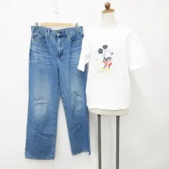 ユニクロ UNIQLO パンツ Tシャツ 2枚セット デニム ジーンズ ワイド UT 丸首 半袖 ディズニー ミッキー プリント インディゴ ブルー ホワイト 27 M