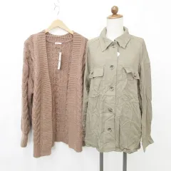 ジーユー GU シャツ カーディガン 2枚セット ワークシャツ 長袖 チャンキーニット 羽織 ケーブル編み 緑 茶 グリーン ブラウン L