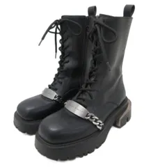 チャールズ&キース  CHARLES&KEITH セルマーチャンキーチェーンカーフブーツ ショートブーツ レザー レースアップ 厚底 チェーン 黒 ブラック 37 約23.5㎝