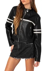 アディクテッド レディース アウター ジャケット・ブルゾン レザー フェイクレザー EDIKTED Rockstar Oversize Faux Leather Jacket BlackAndWhit