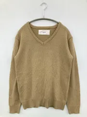 AKM ニット/セーター M ベージュ 無地 ミドル丈 長袖 Vネック