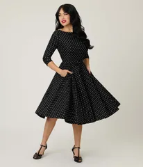 ユニークビンテージ レディース トップス ワンピース Unique Vintage Three Quarter Sleeve Beltedevon Swing Dress Black White Polka Dot ホワイト