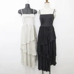 グレイル GRL ワンピース 2枚セット キャミワンピ ティアード プリーツ ロング丈 リボン サテン ベージュ 黒 ブラック F