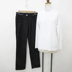 マリクレール MARIE CLAIRE シャツ パンツ 2枚セット ゴルフ スポーツウェア 長袖 ハイネック ロング メッシュ ストレッチ ロゴ 白 黒 ホワイト ブラック M