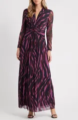 アンクライン レディース トップス ワンピース プリント メッシュ マキシ Anne Klein Abstract Printwist Front Long Sleeve Mesh Maxi Dress Animal Stripes L230v01 アニマル