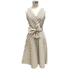 エムズグレイシー M'S GRACY ワンピース ノースリーブ ストライプ リボン フレア 膝丈 38 白 ホワイト 茶 ブラウン