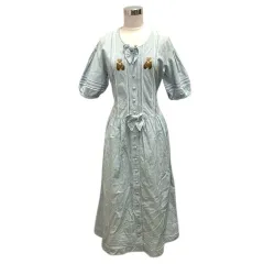 ピンクハウス PINK HOUSE ワンピース フレア コットン ギンガムチェック ベアー刺繍 半袖 ロング丈 青 ブルー