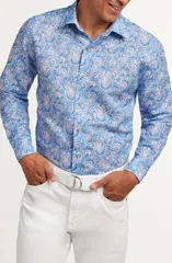 デイビッドドナヒュー メンズ トップス シャツ プリント コットン リネン Davidonahue Paisley Print Linen Cotton Shirt Navy Pink ネイビー