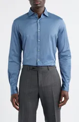 カナーリ メンズ トップス シャツ レギュラーフィット コットン ジャージー Canali Regular Fit Cotton Jersey ButtonUp Shirt Blue ブルーのサムネイル