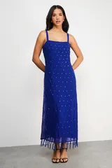ウエアハウス レディース トップス ワンピース ミディ フリンジ Warehouse Hand Embellished Fringe Hemidi Dress Cobalt コバルトのサムネイル