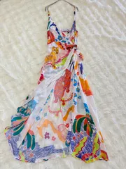 【新品タグ付】Desigual 総柄ワンピース M カシュクール リゾート柄 マルチカラー 華やか キャミワンピース デシグアル 夏ワンピ