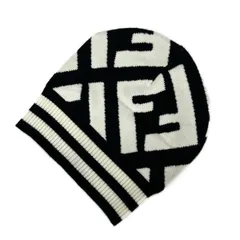 FENDI(フェンディ) ニット帽 - 白×黒 ズッカ柄 ウール