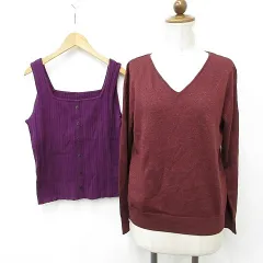 ディスコート Discoat ニット 2枚セット セーター Vネック 長袖 ラメ ノースリー スクエアネック 赤 紫 レッド パープル M F