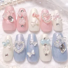 【No.19】ピンク ブルー ネイルチップ リボン ハート 薔薇 パール ビジュー 蝶 ドリームコア ウィッシュコア ゆめかわ デート 推し活 ライブ お出かけ 春ネイル y2k 韓国 ワンホン スナ系 ちゅるん キラキラ 可愛い