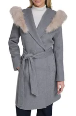 コールハーン レディース アウター ジャケット・ブルゾン ウール コート Cole Haan Slick Wool Blend Coat with Faux Fur Trim Hood Mediumのサムネイル