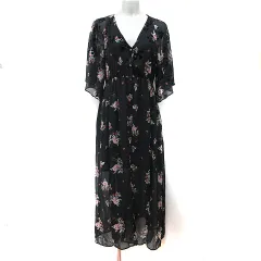 ザラ ベーシック ZARA BASIC ワンピース ロング シフォン シアー 五分袖 花柄 黒 ブラック /YI