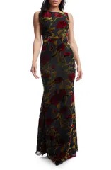ドレスザポプレーション レディース トップス ワンピース オープンバック フラワー柄 ベルベット フラワー Dress the Population Cherilyn Floral Velvet Burnout Open Back Mermaid Gown B