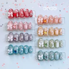 ネイルチップ　春ネイル　チェック柄ネイル　リボンネイル　推しネイル　付け爪　白　ブルー　青　水色　パープル　紫　グリーン　緑　イエロー　黄色　オレンジ　ピンク　推し活ネイル　付け爪