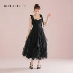 ROBE de FLEURS ローブドフルール ロングドレス fm3463［ボリュームチュールショルダーリボンフレアロングドレス] Black