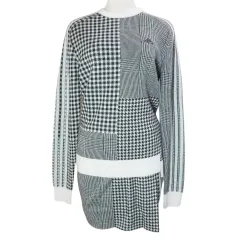 アディダス adidas ゴルフウェア マルチチェックパターン ジャガード 長袖クルーネックセーター ニット ミニスカート セットアップ ロゴ刺繡 S グレー系 IBO87 /X