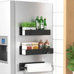 【特価商品】冷蔵庫サイド コンロ 洗濯機の横 バスルームラック キッチンラック ペーパーホルダー マグネット収納 収納 調味料 着脱式のフック８個付き 棚 スパイスラック 3個セット ブラック ラック マグネット