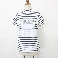 パーリーゲイツ PEARLY GATES シャツ ゴルフ スポーツウェア 半袖 ハイネック ロゴ プリント ボーダー 2022年モデル 白 紺 ホワイト ネイビー 2
