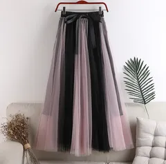 【ピンクブラック】チュールスカート レディース ロングスカート ロング フレアスカート ウエストゴム ふんわり 大人かわいい 体型カバー 配色 大人 可愛い 春 夏