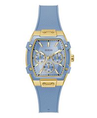 [Free Shipping] Guess Women's Gold Tone Light Blue Silicone Multi-Function Watch 35mm Blue