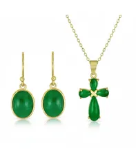 【送料無料】 ブリング レディース ネックレス・チョーカー・ペンダントトップ アクセサリー Natural Jade Cross Pemdant Necklace Bezel Oval Drop Earrings Jewelry Set Plated Ster