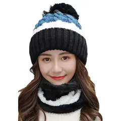 [infage] ネックウォーマー ニット帽 レディース セット 防寒 スキー スノボ 秋 冬 (ブラックターコイズブルー)