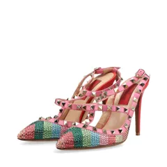 VALENTINO GARAVANI ヴァレンティノガラヴァーニ ロックスタッズ レザー × ラインストーン ストラップパンプス レディース 35 1/2 ピンク イタリア製のサムネイル