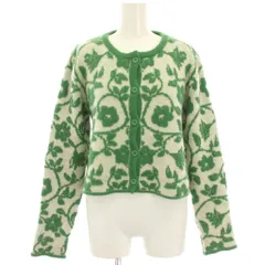 ザラ ZARA ニットカーディガン M 緑 グリーン 白 ホワイト 花柄 ウール混 長袖 /HN