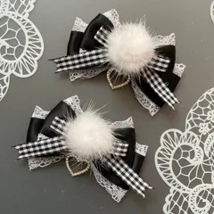 キラキラハート♡ファー付ギンガムリボン　黒　ブラック　ヘアクリップ  量産型　地雷　ゴスロリ　天使界隈　サブカル　コンカフェ
