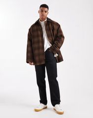 エイソス メンズ アウター ジャケット・ブルゾン ウール コート ASOS DESIGN wool look overcoat in plaid BROWN ブラウン