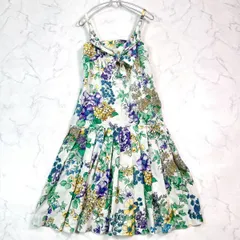 リネン100％ランバン 花柄ワンピース ロング プリーツ リボンベルト レディース M相当 グリーン系 LANVIN B0442のサムネイル