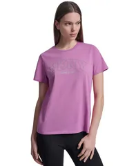 【送料無料】 ダナ キャラン ニューヨーク レディース Tシャツ トップス Womens Rhinestone Varsity Logo Relaxed Fit PullOn TShirt Crocuのサムネイル