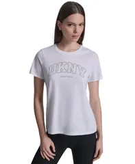【送料無料】 ダナ キャラン ニューヨーク レディース Tシャツ トップス Womens Rhinestone Varsity Logo Relaxed Fit PullOn TShirt Whiteのサムネイル