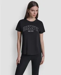 【送料無料】 ダナ キャラン ニューヨーク レディース Tシャツ トップス Womens Rhinestone Varsity Logo Relaxed Fit PullOn TShirt Blackのサムネイル